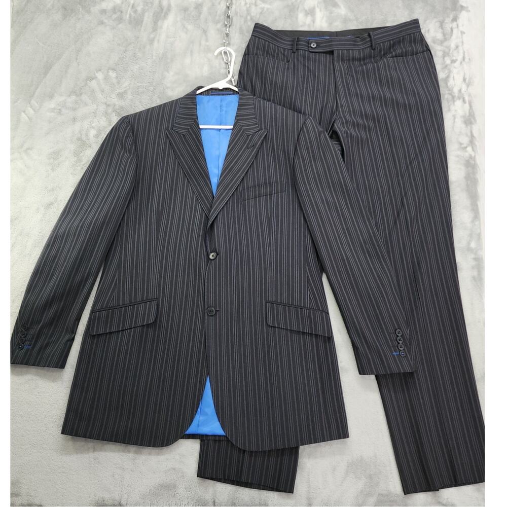 Vintage 90s‎ Point Zero Couture 2 Piece Suit Mens Size 44T/38T Black Pin Stripe